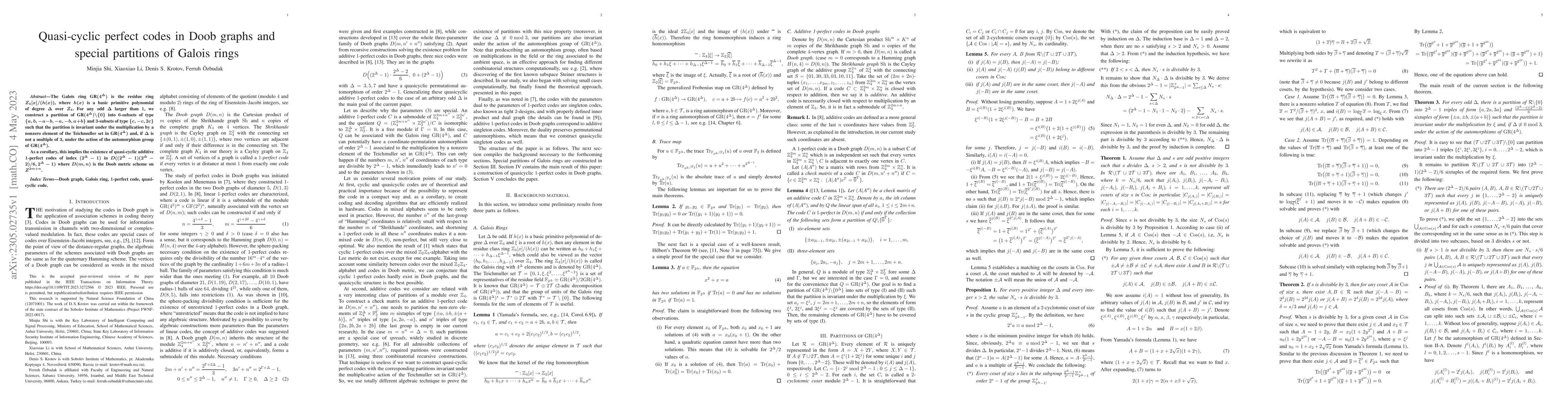 Thumbnail for Quasi-cyclic perfect codes in Doob graphs and special partitions of
  Galois rings
