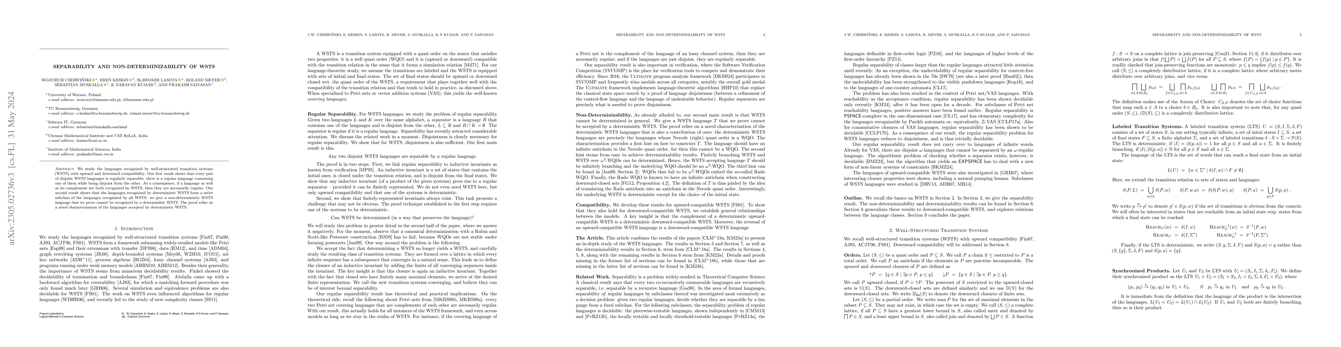 Thumbnail for Separability and Non-Determinizability of WSTS