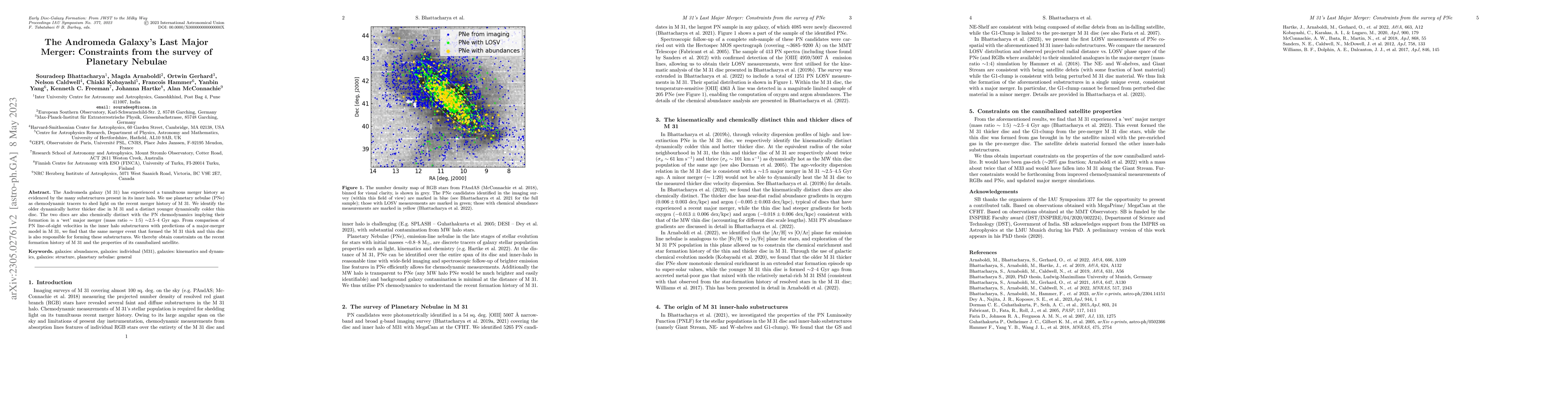 Thumbnail for The Andromeda Galaxy's Last Major Merger: Constraints from the survey of
  Planetary Nebulae