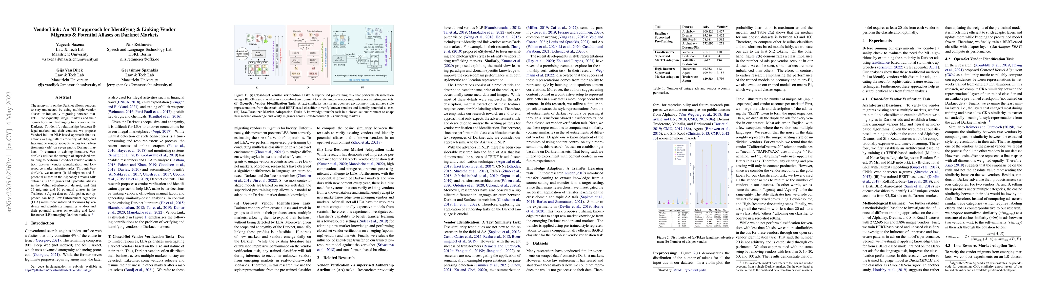 Thumbnail for VendorLink: An NLP approach for Identifying & Linking Vendor Migrants &
  Potential Aliases on Darknet Markets