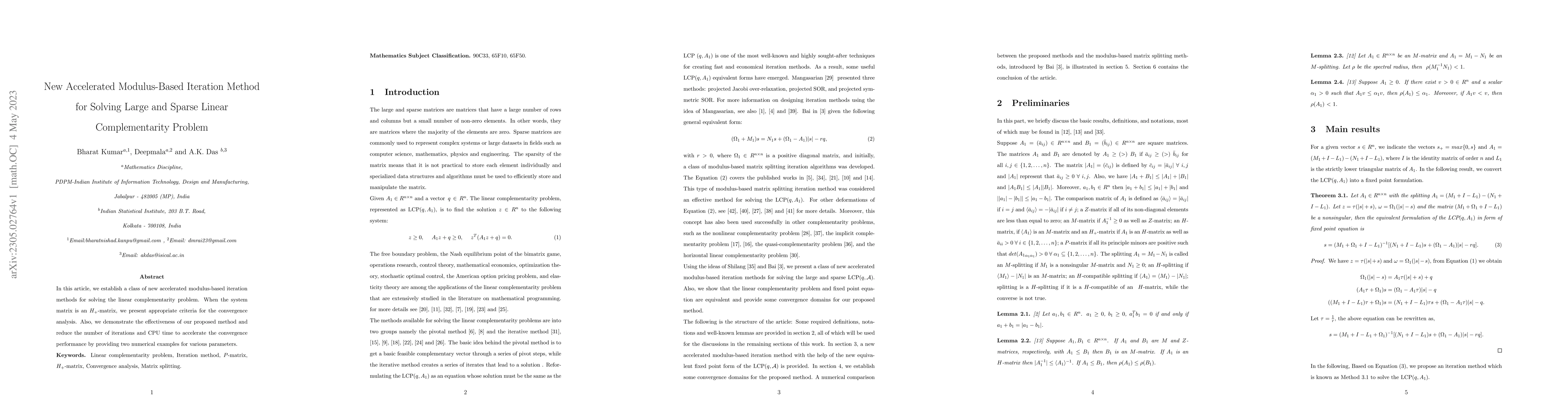Thumbnail for New Accelerated Modulus-Based Iteration Method for Solving Large and
  Sparse Linear Complementarity Problem