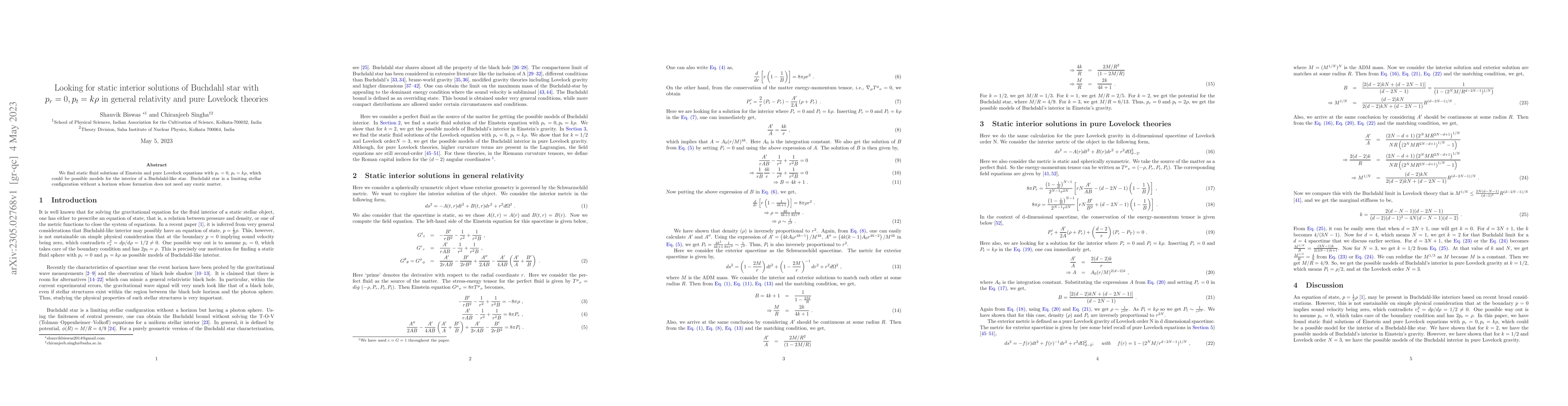 Thumbnail for Looking for static interior solutions of Buchdahl star with $p_r=0,
  p_t=k\rho$ in general relativity and pure Lovelock theories