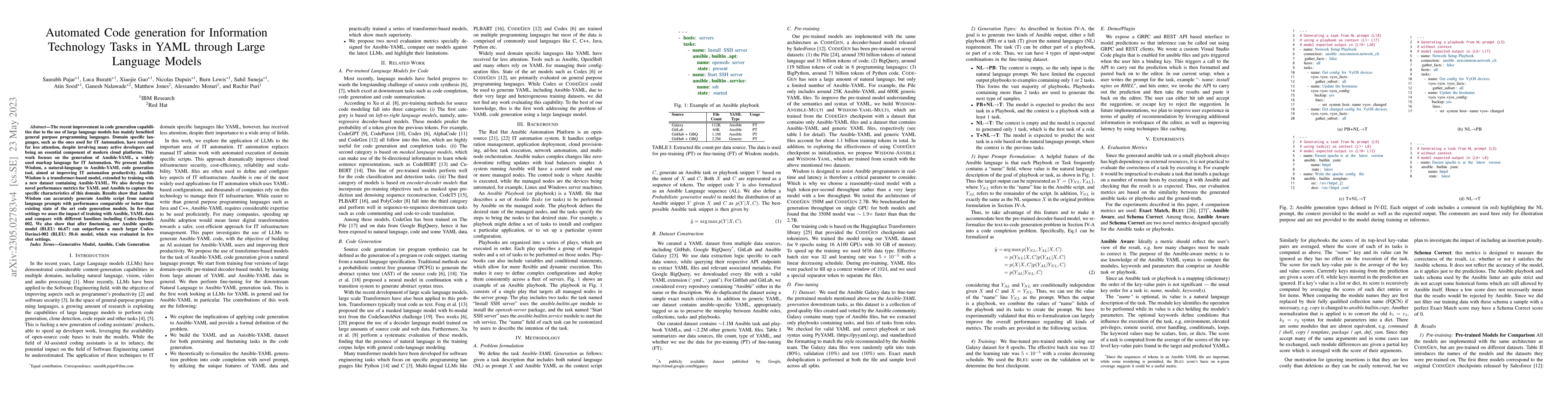 Thumbnail for Automated Code generation for Information Technology Tasks in YAML
  through Large Language Models