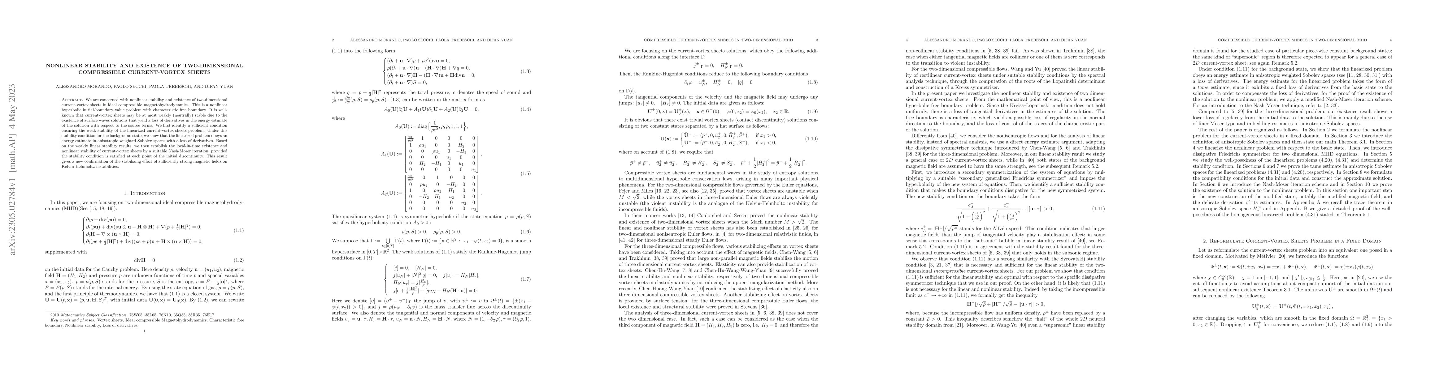 Thumbnail for Nonlinear stability and existence of two-dimensional compressible
  current-vortex sheets
