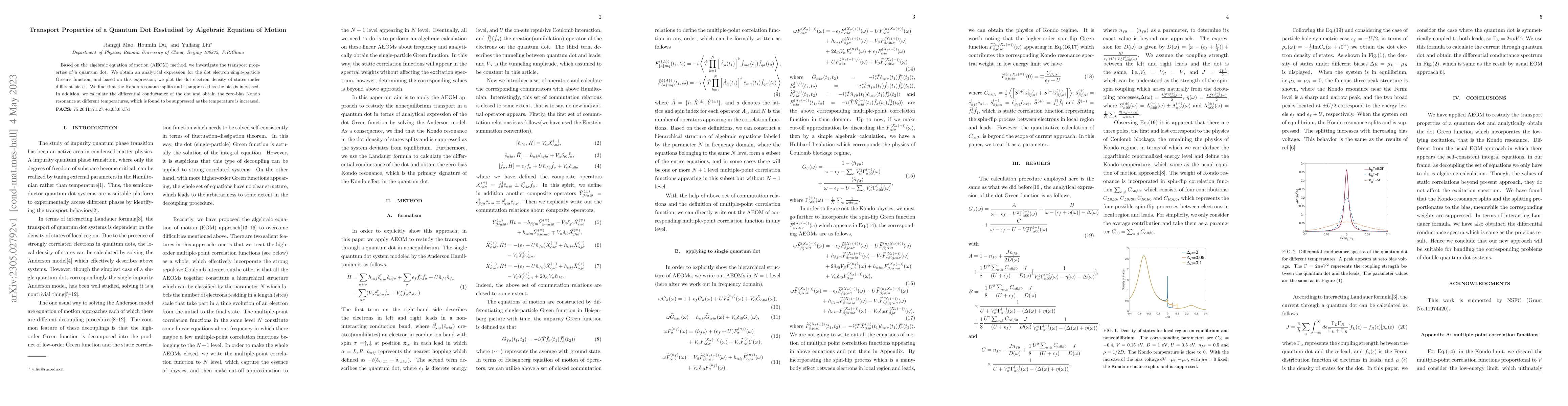 Thumbnail for Transport Properties of a Quantum Dot Restudied by Algebraic Equation of
  Motion