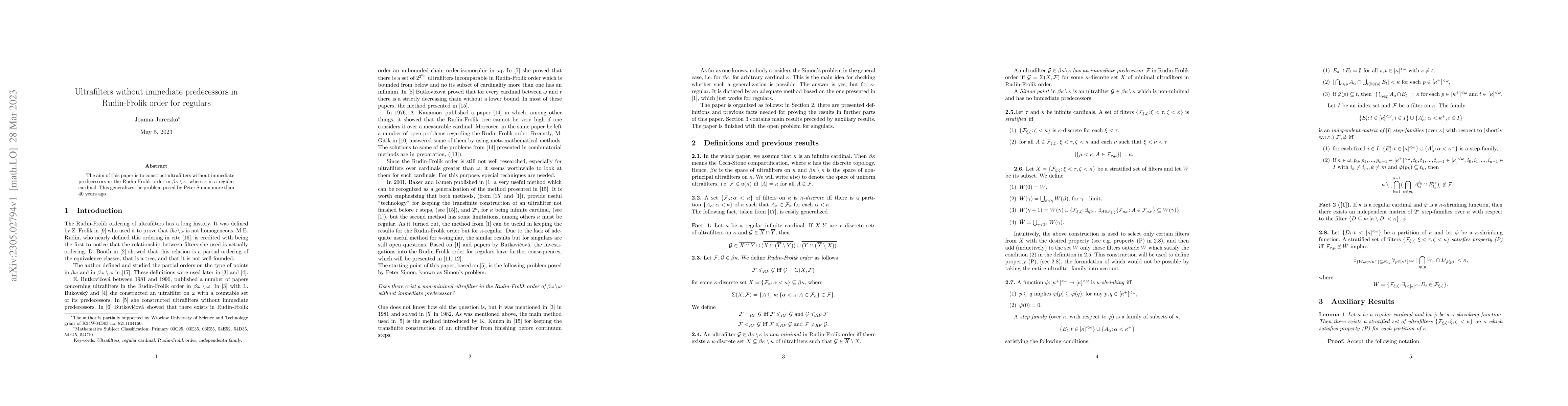 Thumbnail for Ultrafilters without immediate predecessors in Rudin-Frolik order for
  regulars