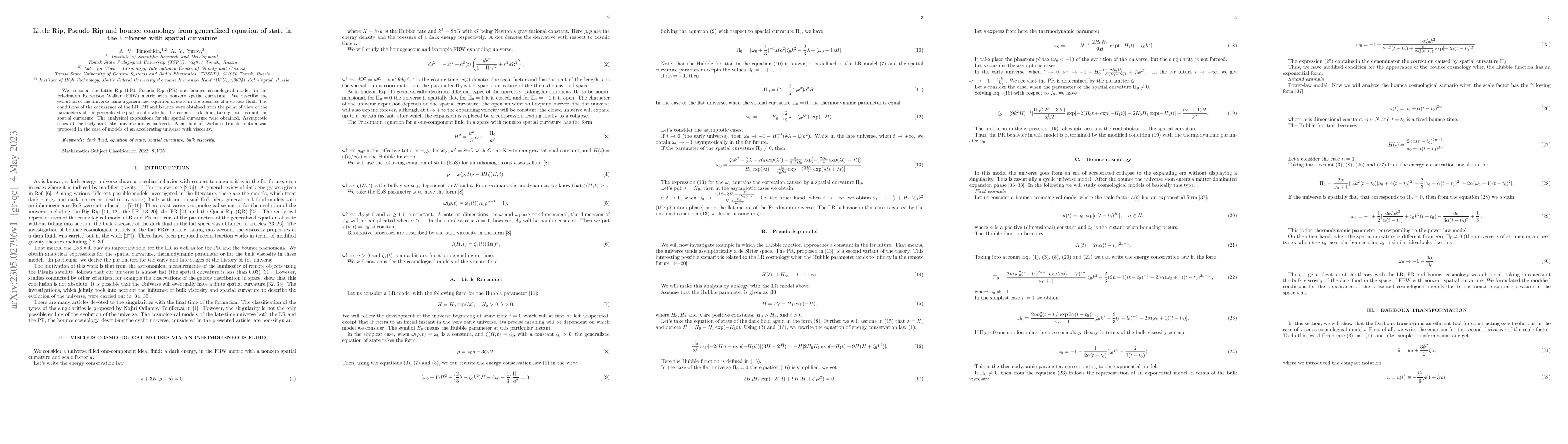 Thumbnail for Little Rip, Pseudo Rip and bounce cosmology from generalized equation of
  state in the Universe with spatial curvature