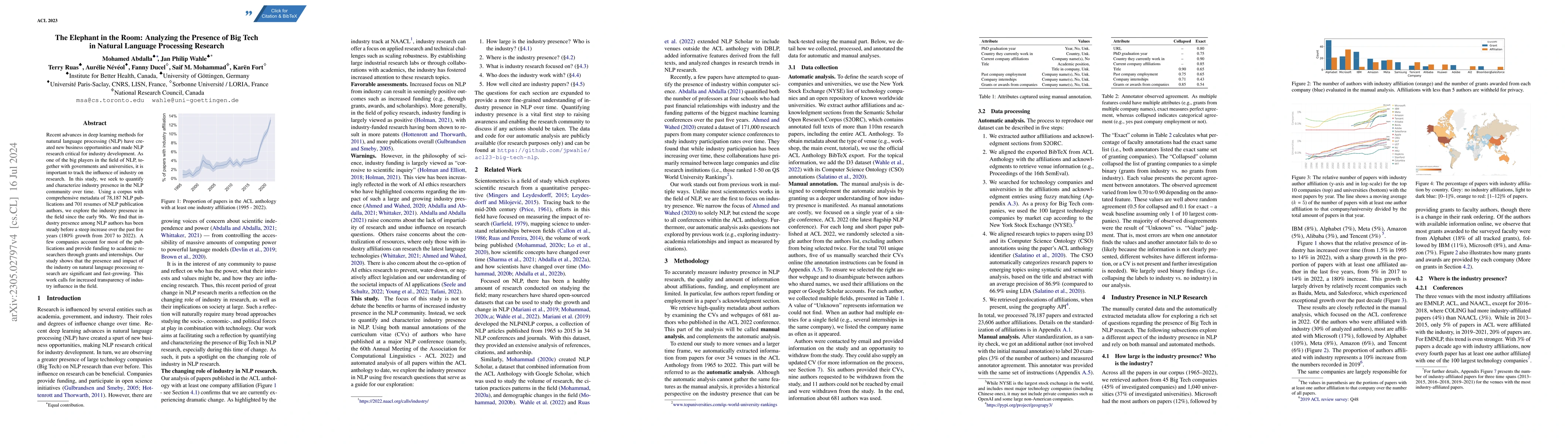 Thumbnail for The Elephant in the Room: Analyzing the Presence of Big Tech in Natural
  Language Processing Research