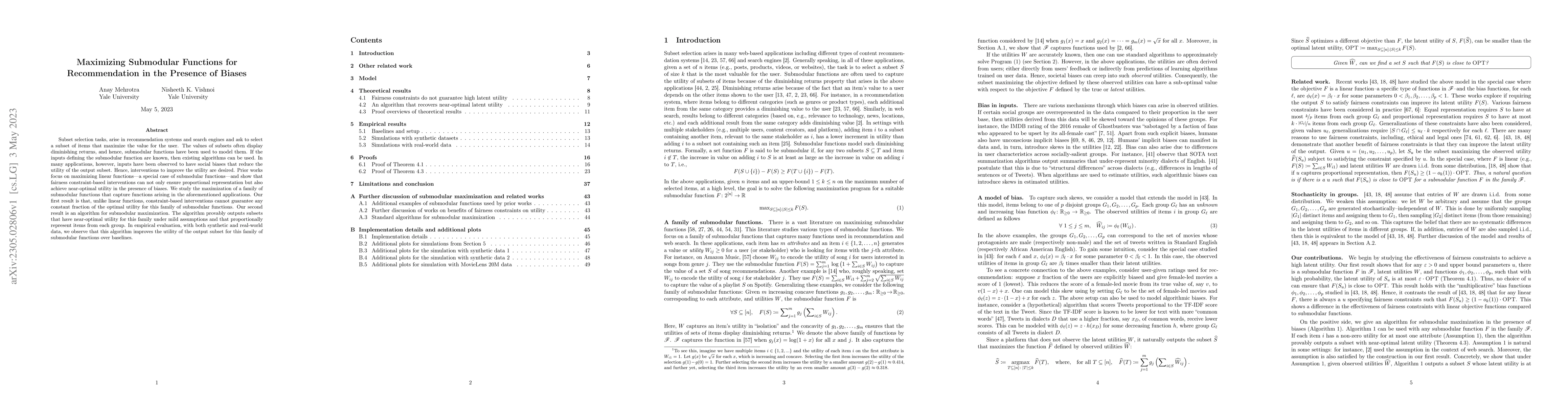 Thumbnail for Maximizing Submodular Functions for Recommendation in the Presence of
  Biases