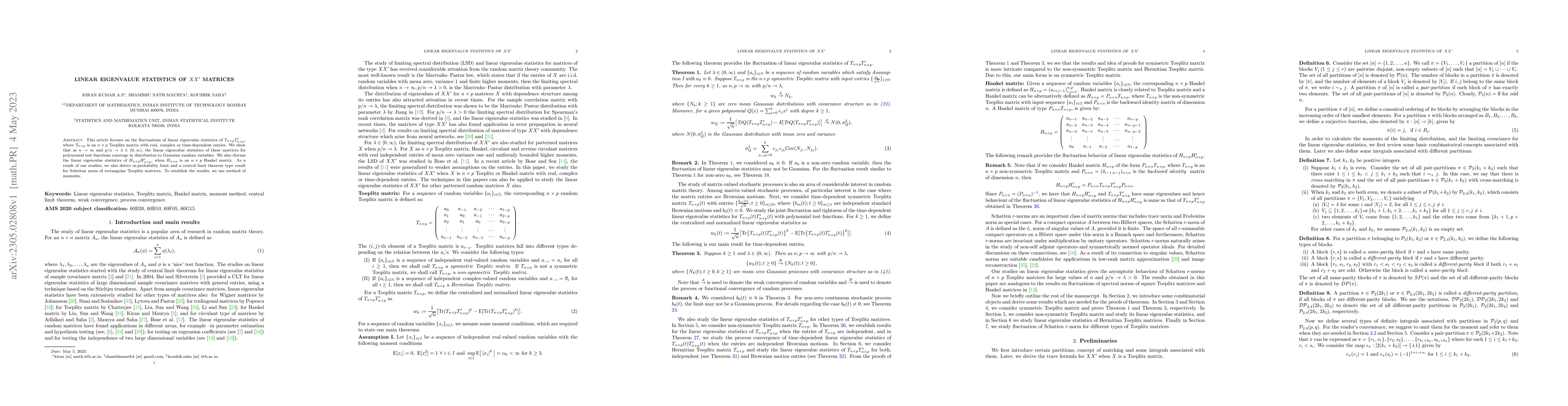 Thumbnail for Linear Eigenvalue Statistics of $XX^\prime$ matrices