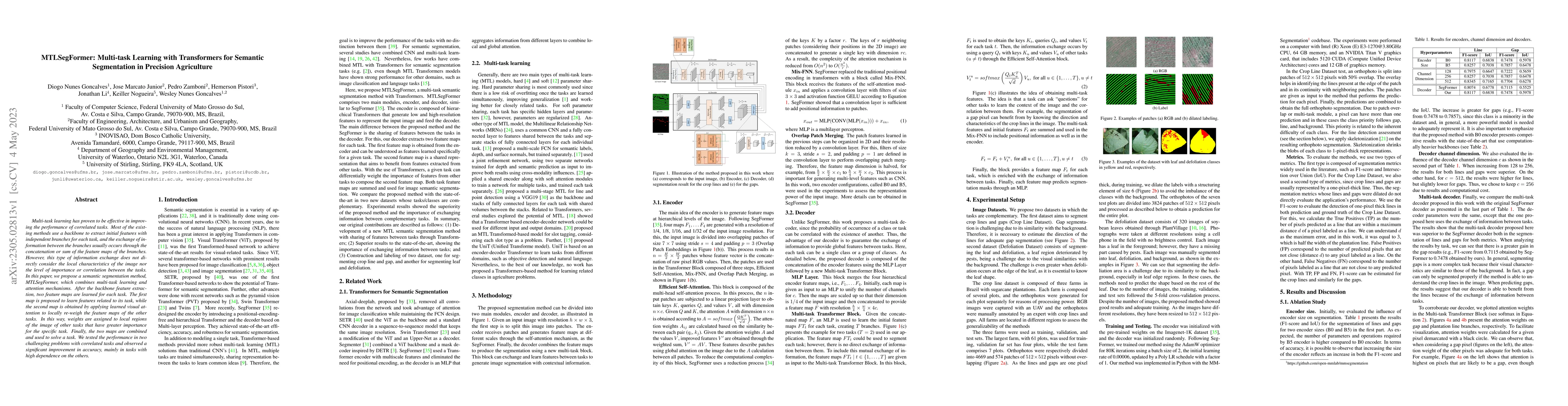 Thumbnail for MTLSegFormer: Multi-task Learning with Transformers for Semantic
  Segmentation in Precision Agriculture