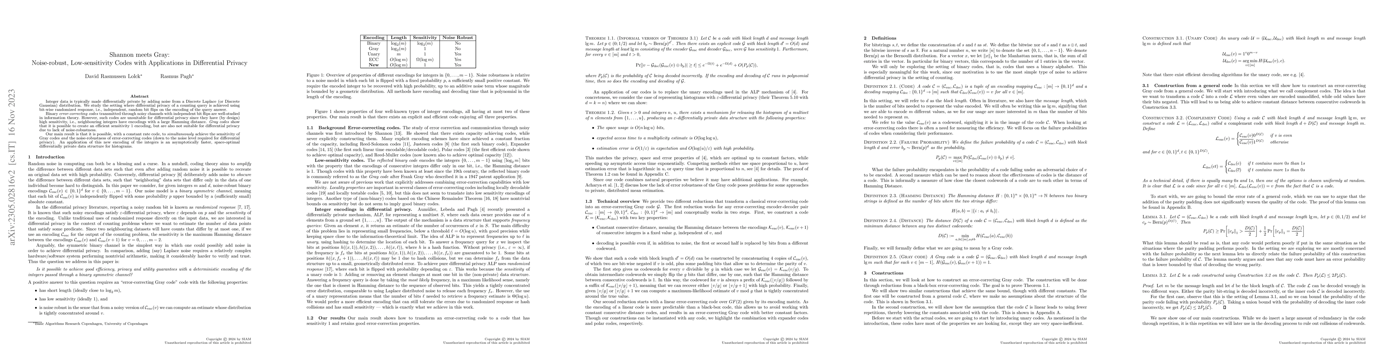 Thumbnail for Shannon meets Gray: Noise-robust, Low-sensitivity Codes with
  Applications in Differential Privacy