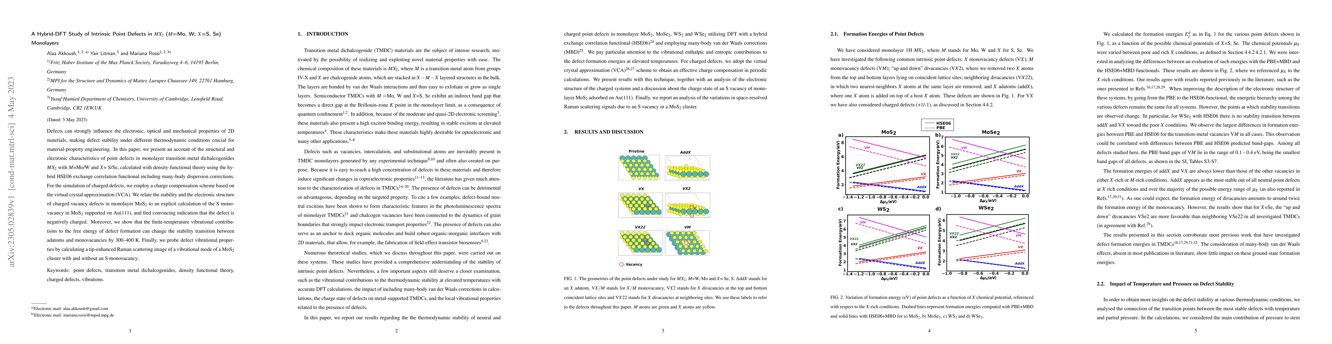 Thumbnail for A Hybrid-DFT Study of Intrinsic Point Defects in $MX_2$ ($M$=Mo, W;
  $X$=S, Se) Monolayers