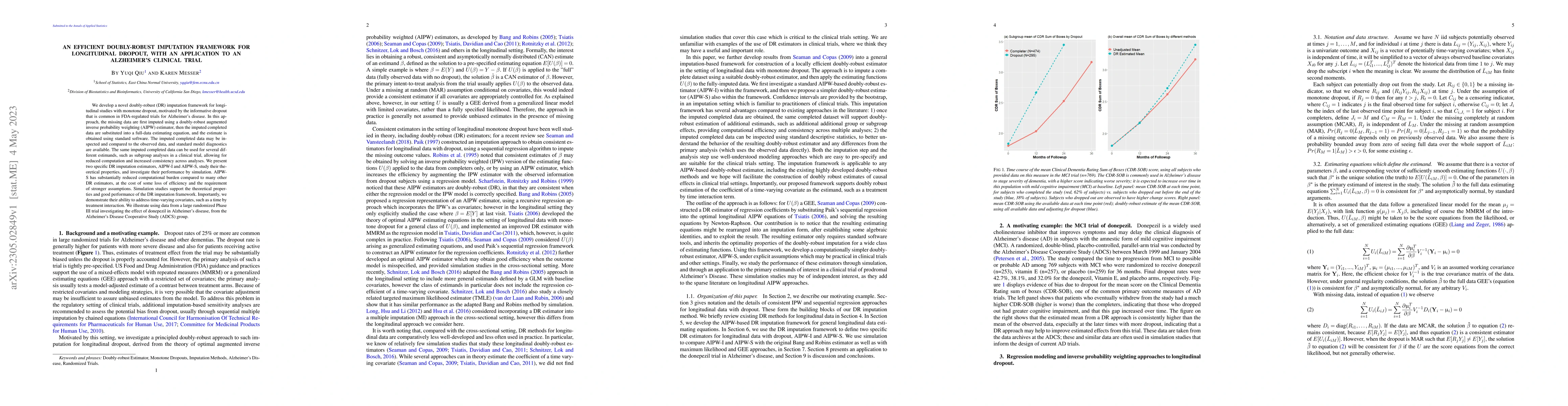 Thumbnail for An Efficient Doubly-robust Imputation Framework for Longitudinal
  Dropout, with an Application to an Alzheimer's Clinical Trial