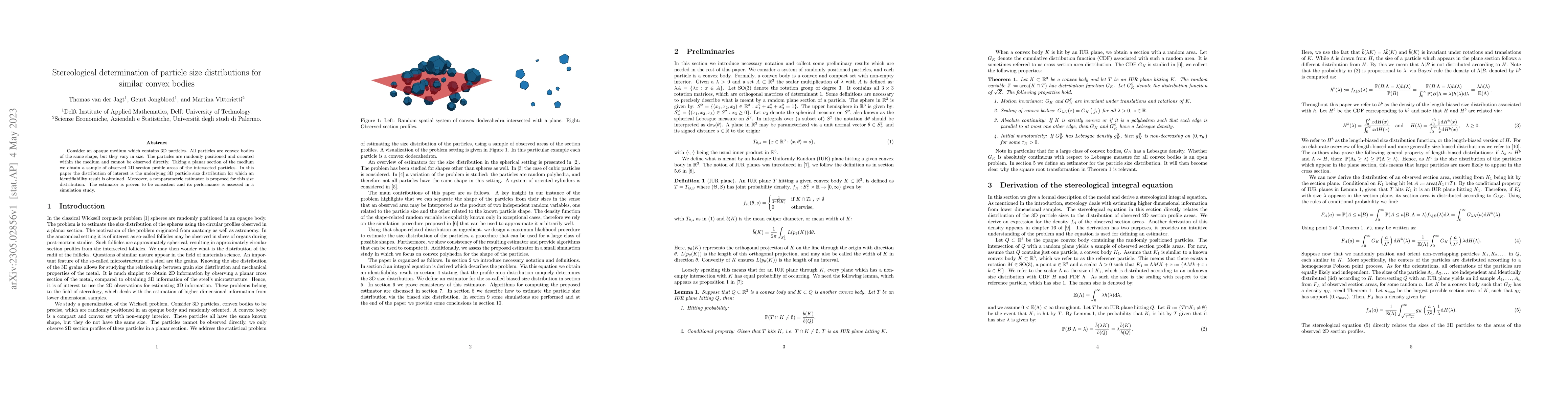 Thumbnail for Stereological determination of particle size distributions for similar
  convex bodies