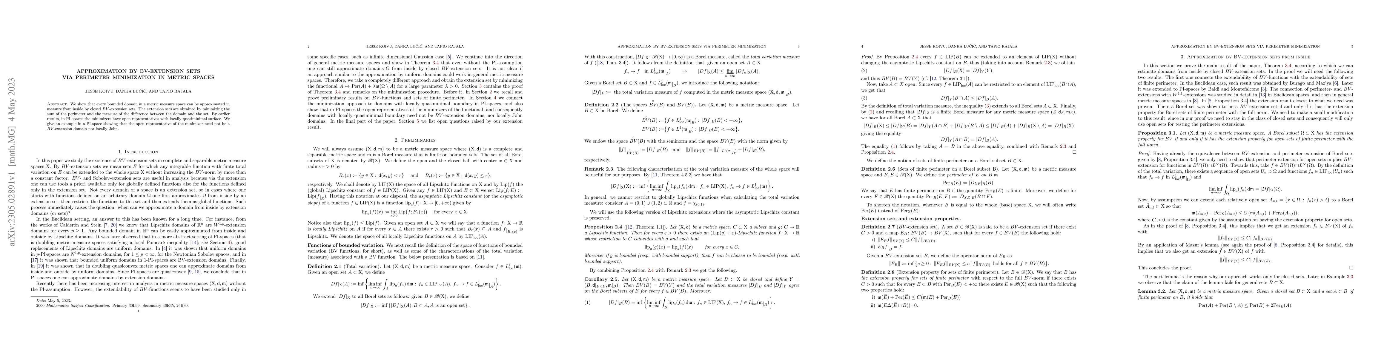 Thumbnail for Approximation by BV-extension sets via perimeter minimization in metric
  spaces