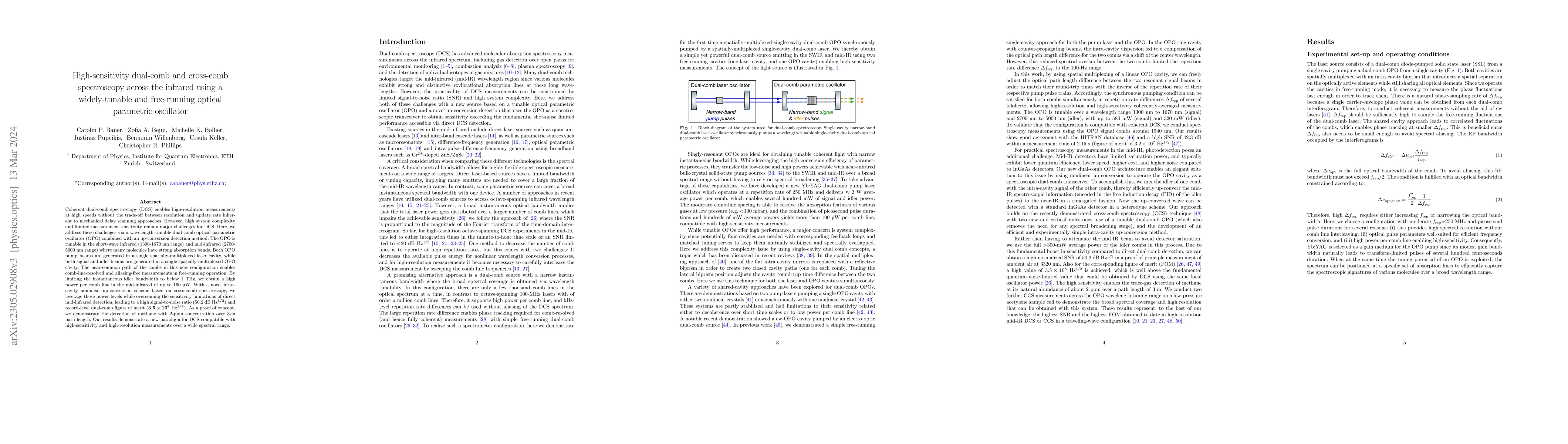 Thumbnail for High-sensitivity dual-comb and cross-comb spectroscopy across the
  infrared using a widely-tunable and free-running optical parametric
  oscillator