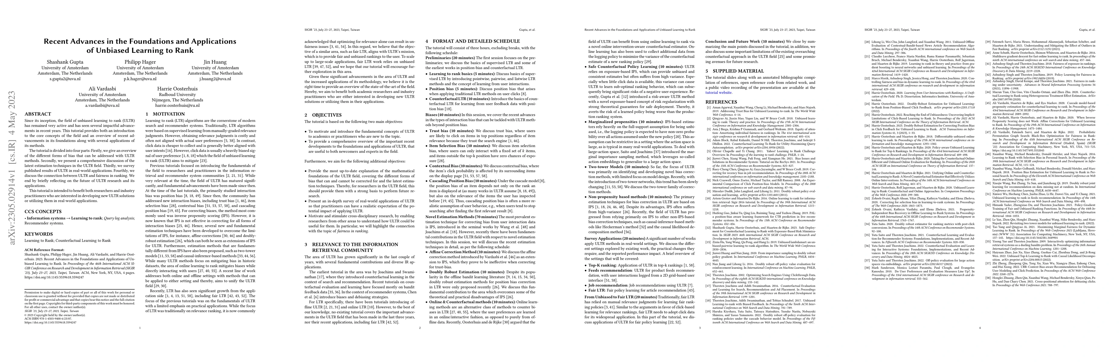 Thumbnail for Recent Advances in the Foundations and Applications of Unbiased Learning
  to Rank