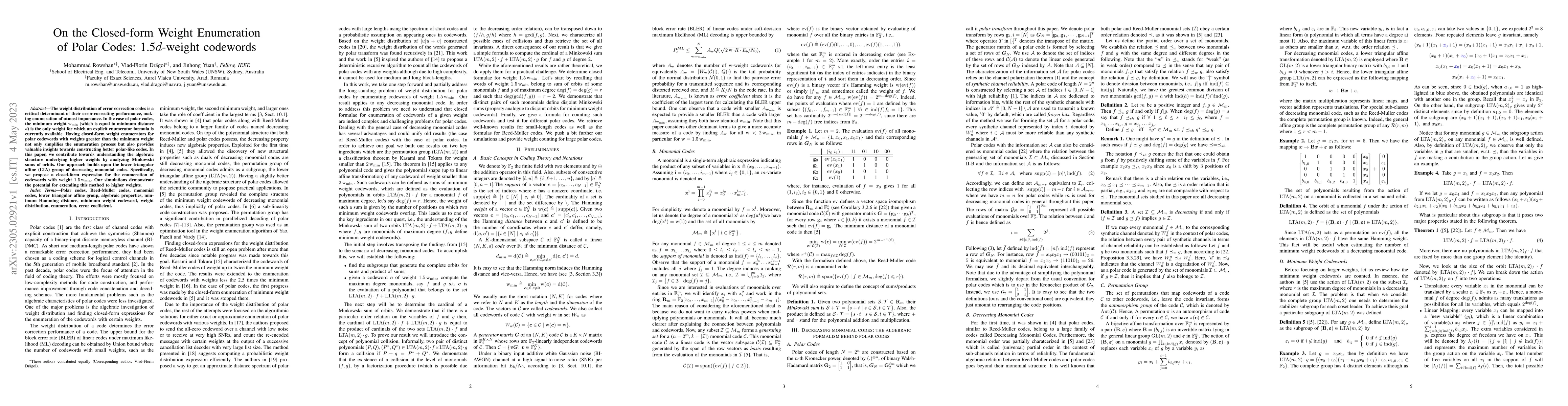 Thumbnail for On the Closed-form Weight Enumeration of Polar Codes: 1.5$d$-weight
  Codewords