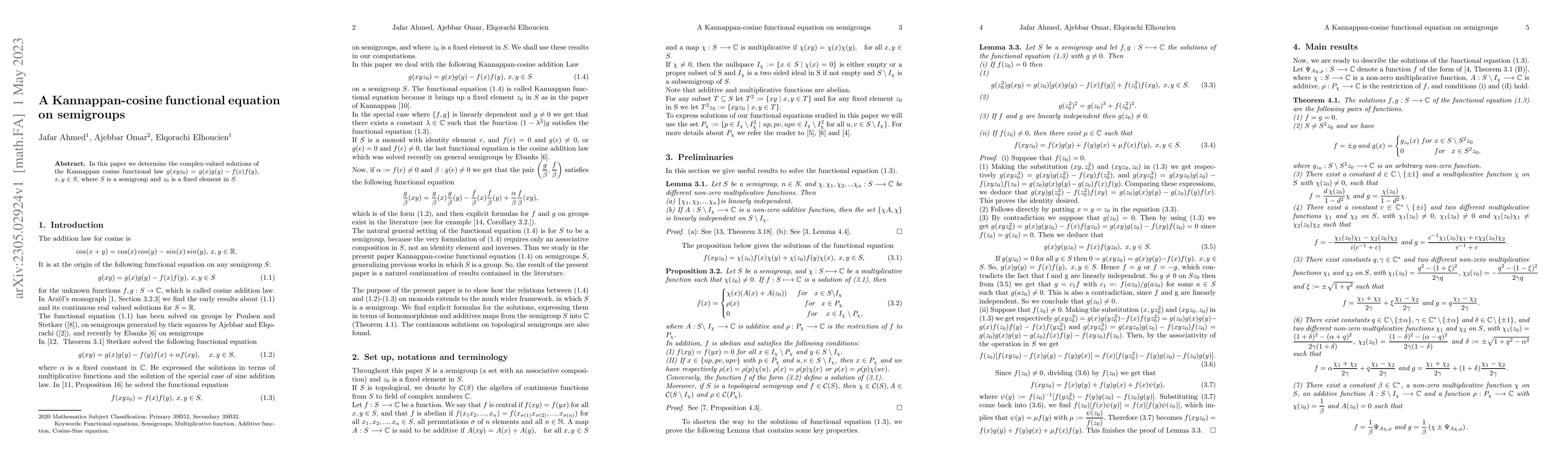 Thumbnail for A Kannappan-cosine functional equation on semigroups