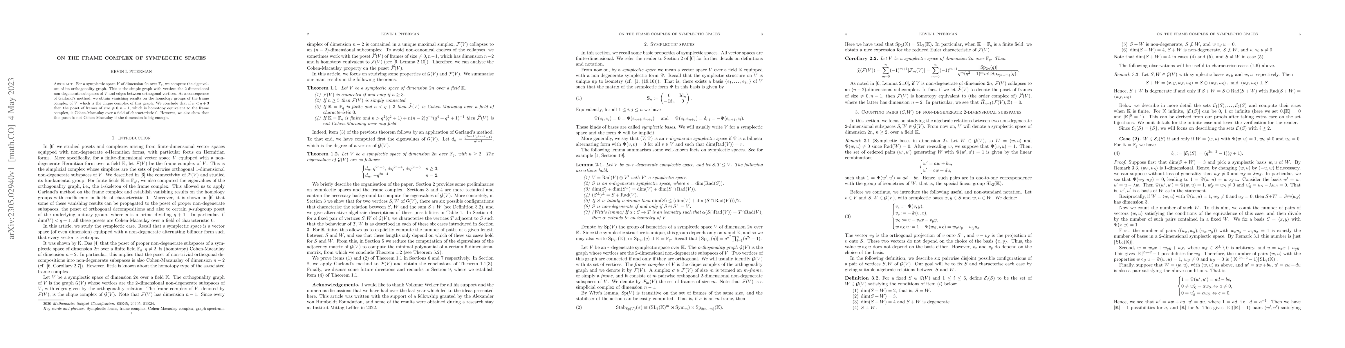 Thumbnail for On the frame complex of symplectic spaces