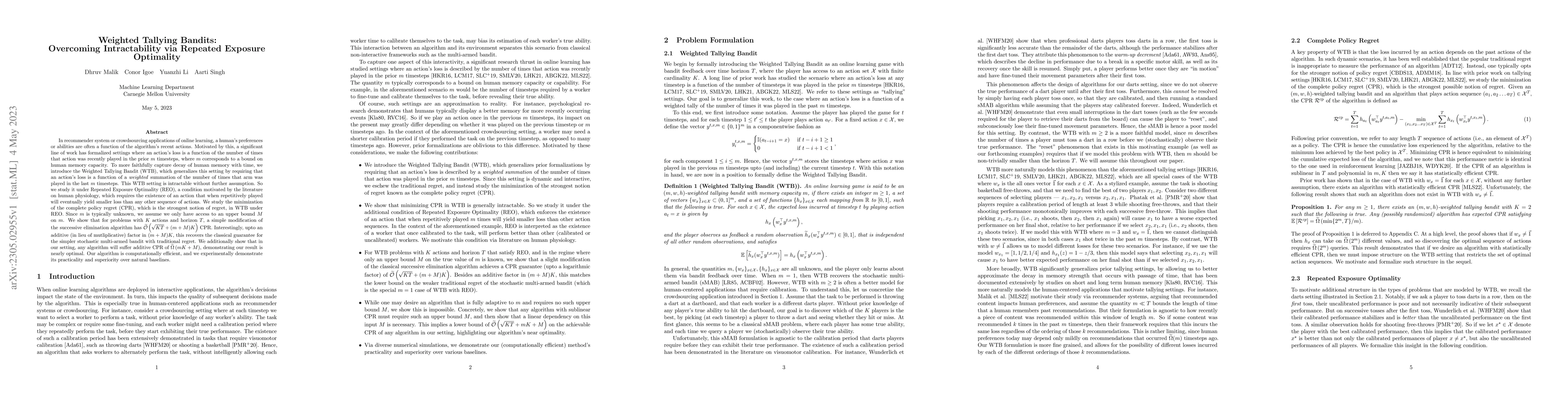 Thumbnail for Weighted Tallying Bandits: Overcoming Intractability via Repeated
  Exposure Optimality