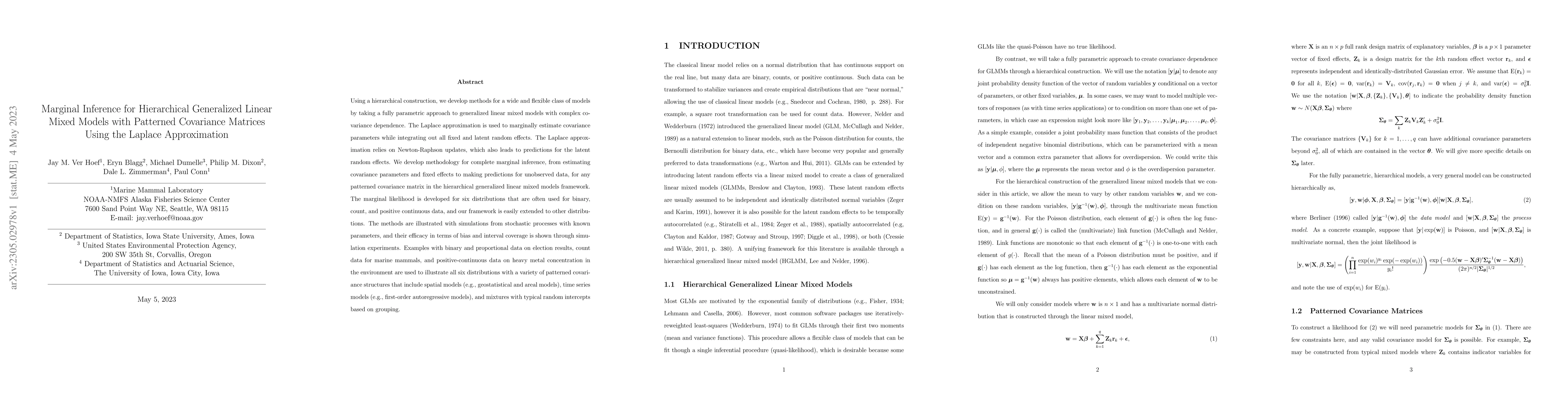 Thumbnail for Marginal Inference for Hierarchical Generalized Linear Mixed Models with
  Patterned Covariance Matrices Using the Laplace Approximation