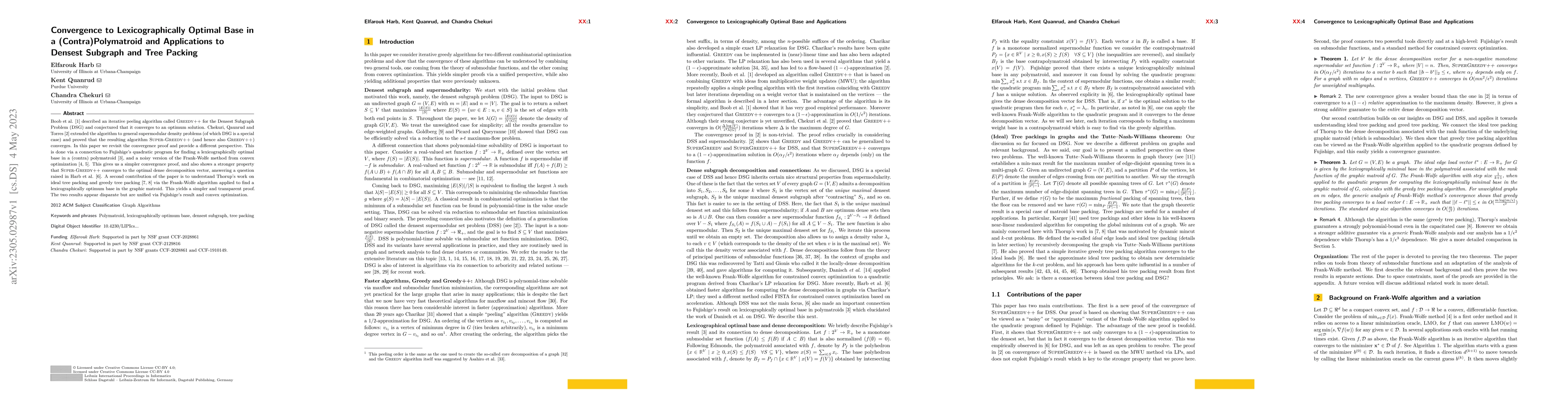 Thumbnail for Convergence to Lexicographically Optimal Base in a (Contra)Polymatroid
  and Applications to Densest Subgraph and Tree Packing