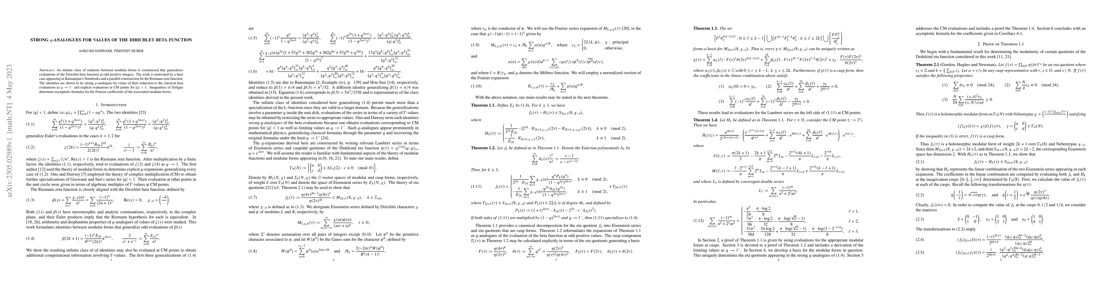Thumbnail for Strong $q$-analogues for values of the Dirichlet beta function