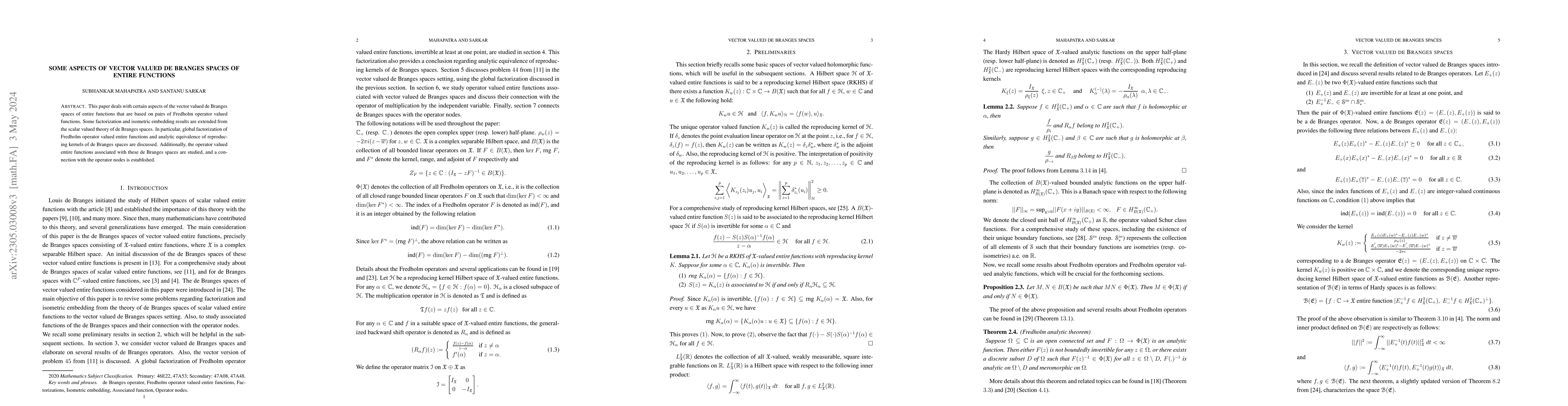 Thumbnail for Some aspects of vector valued de Branges spaces of entire functions