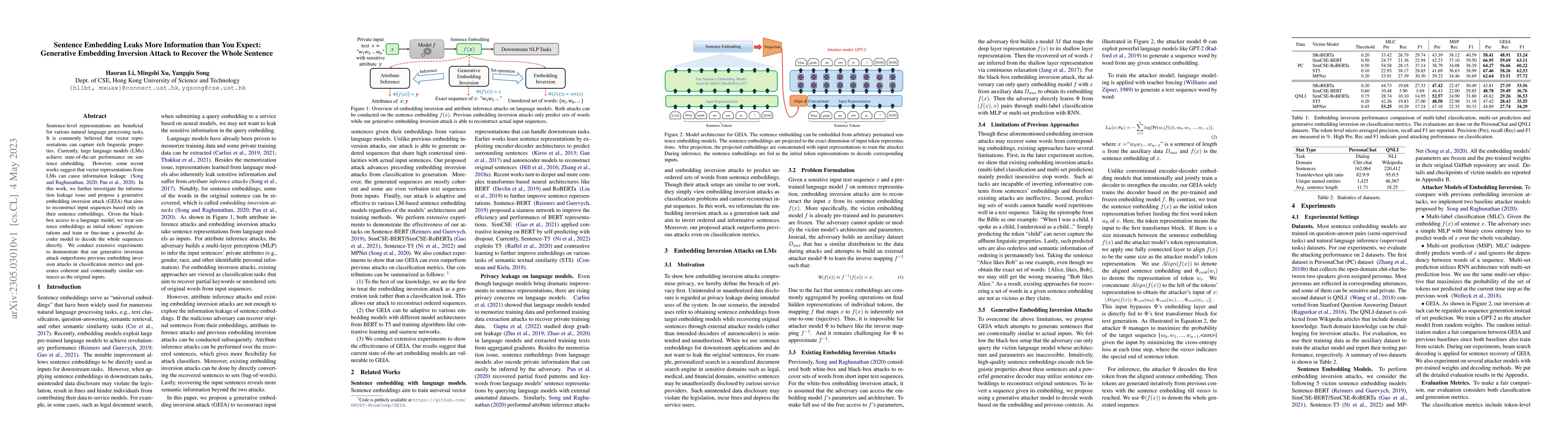 Thumbnail for Sentence Embedding Leaks More Information than You Expect: Generative
  Embedding Inversion Attack to Recover the Whole Sentence