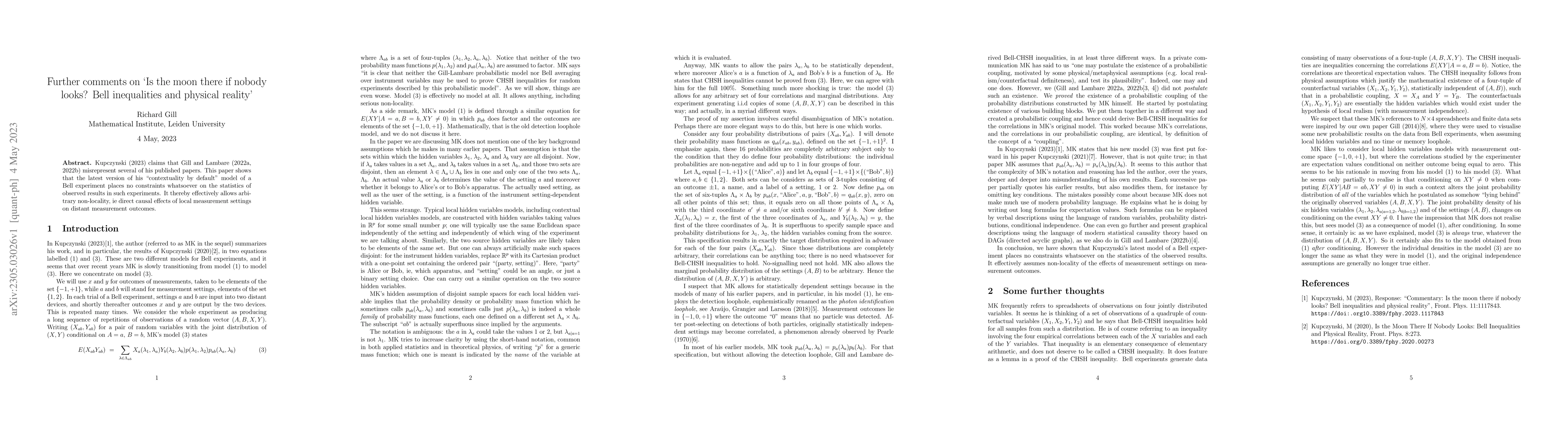 Thumbnail for Further comments on "Is the moon there if nobody looks? Bell
  inequalities and physical reality"