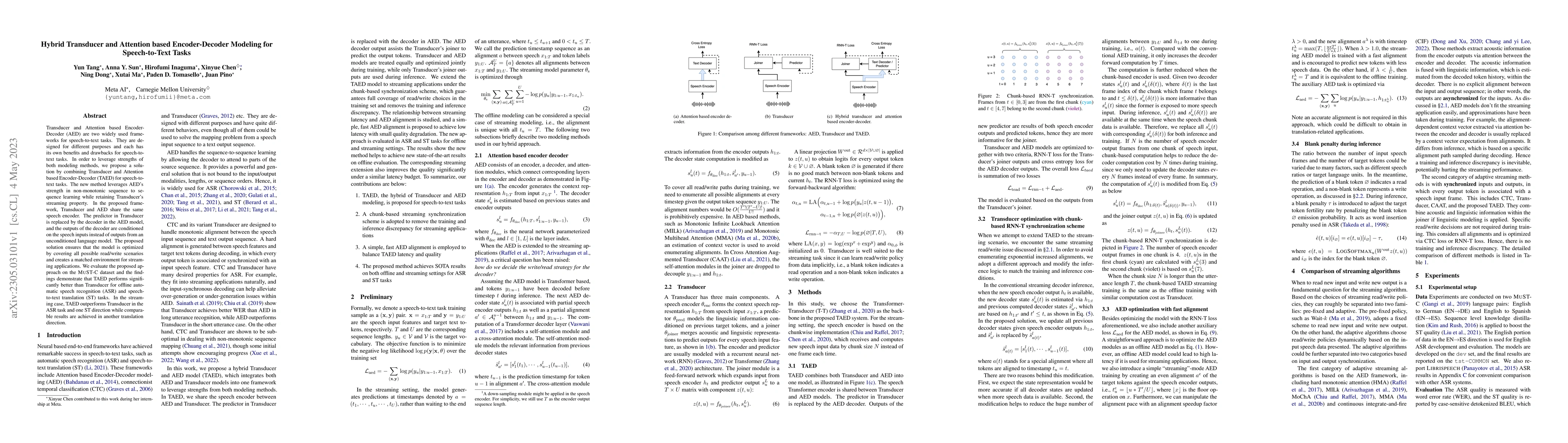 Thumbnail for Hybrid Transducer and Attention based Encoder-Decoder Modeling for
  Speech-to-Text Tasks