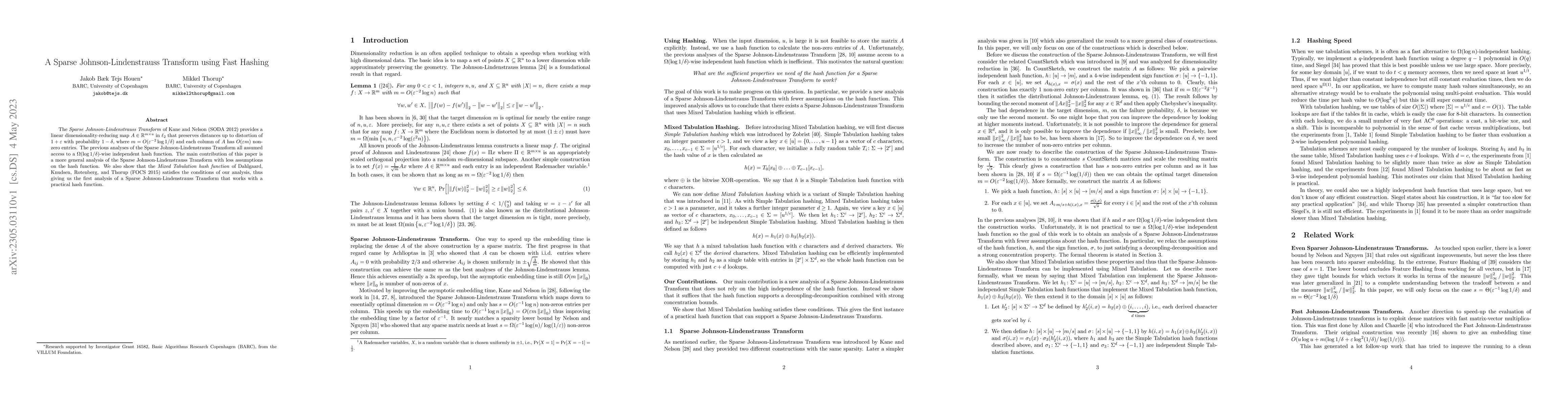 Thumbnail for A Sparse Johnson-Lindenstrauss Transform using Fast Hashing