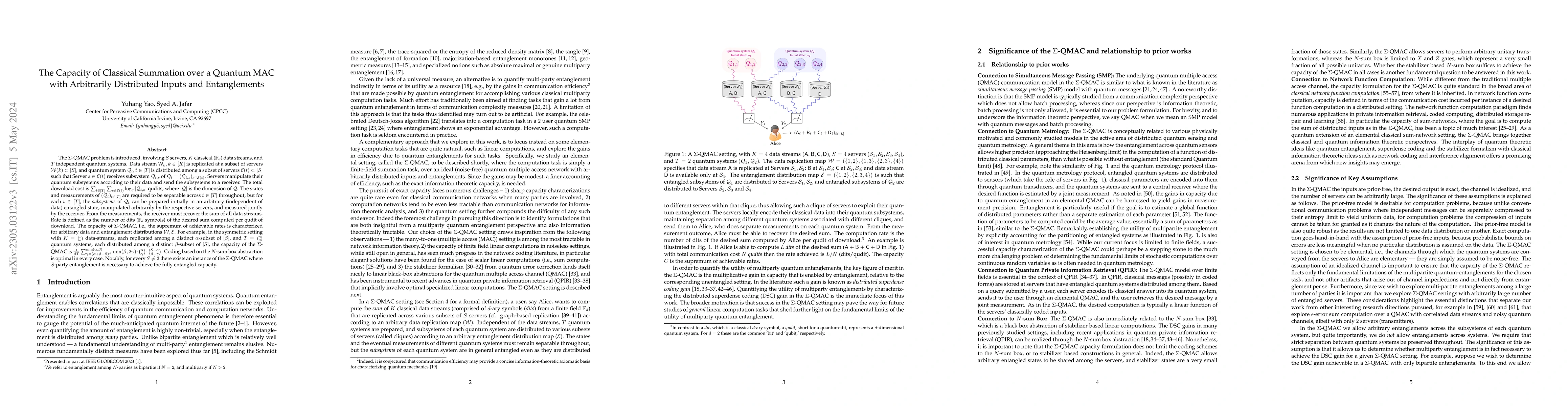 Thumbnail for The Capacity of Classical Summation over a Quantum MAC with Arbitrarily
  Distributed Inputs and Entanglements