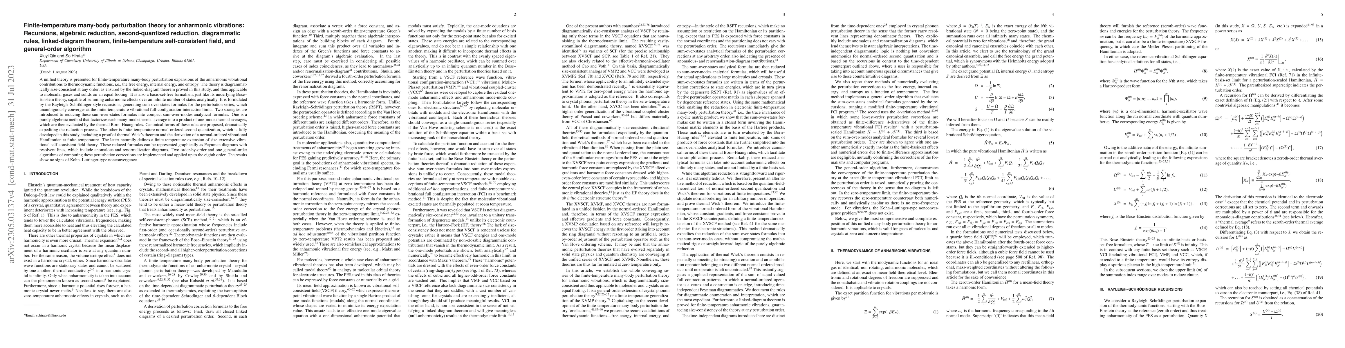 Thumbnail for Finite-temperature many-body perturbation theory for vibrations:
  Recursions, algebraic reduction, second-quantized reduction, diagrammatic
  rules, linked-diagram theorem, finite-temperature self-consistent field, and
  general-order algorithm
