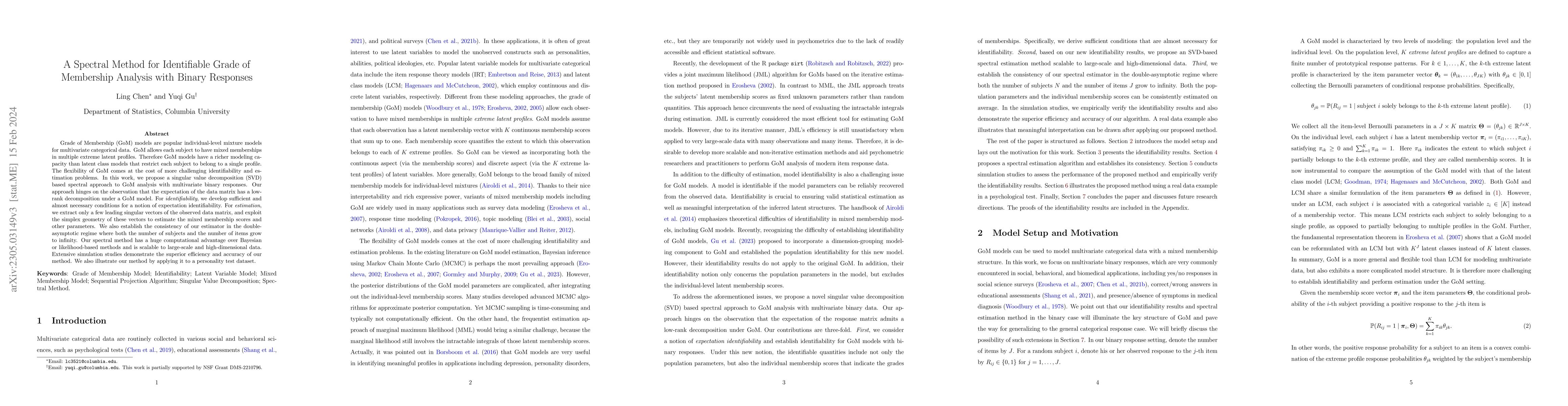 Thumbnail for A Spectral Method for Identifiable Grade of Membership Analysis with
  Binary Responses