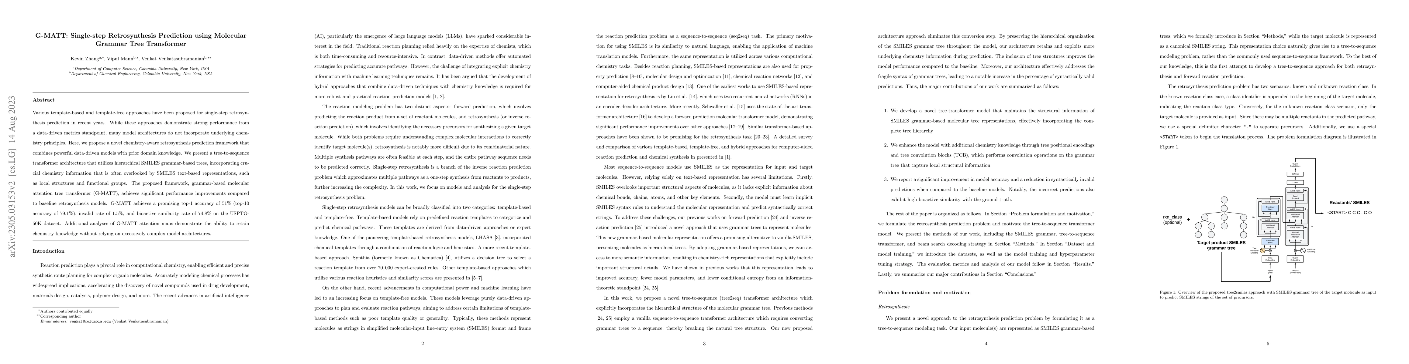 Thumbnail for G-MATT: Single-step Retrosynthesis Prediction using Molecular Grammar
  Tree Transformer