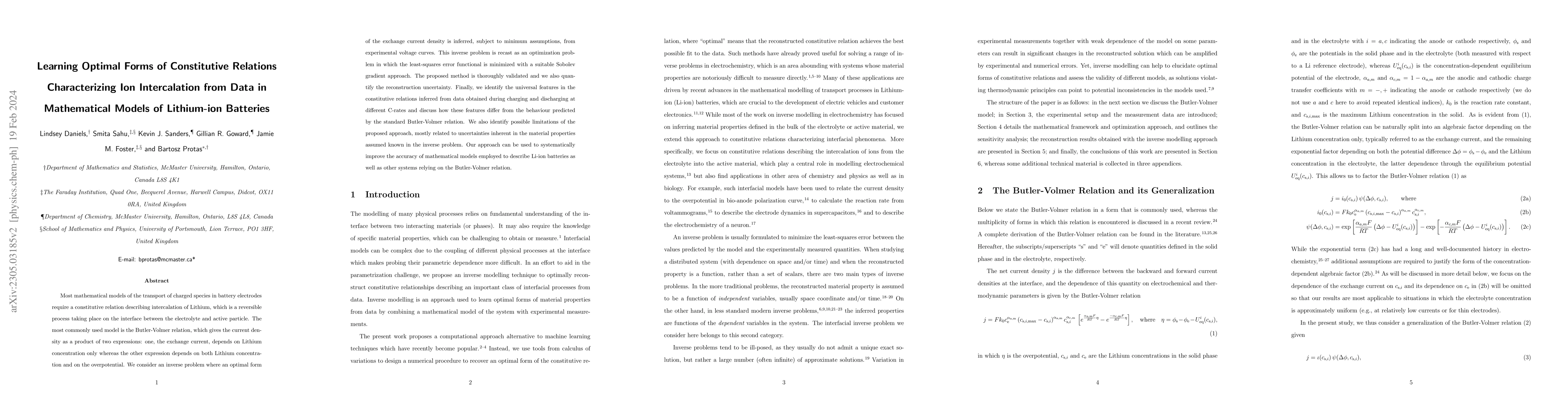 Thumbnail for Learning Optimal Forms of Constitutive Relations Characterizing Ion
  Intercalation from Data in Mathematical Models of Lithium-ion Batteries