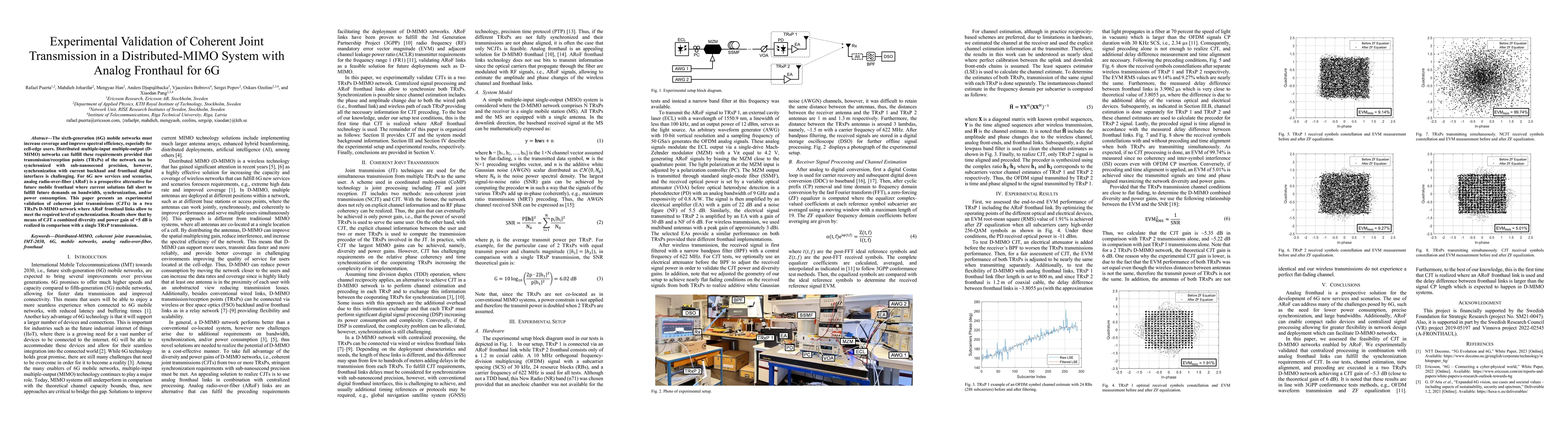 Thumbnail for Experimental Validation of Coherent Joint Transmission in a
  Distributed-MIMO System with Analog Fronthaul for 6G