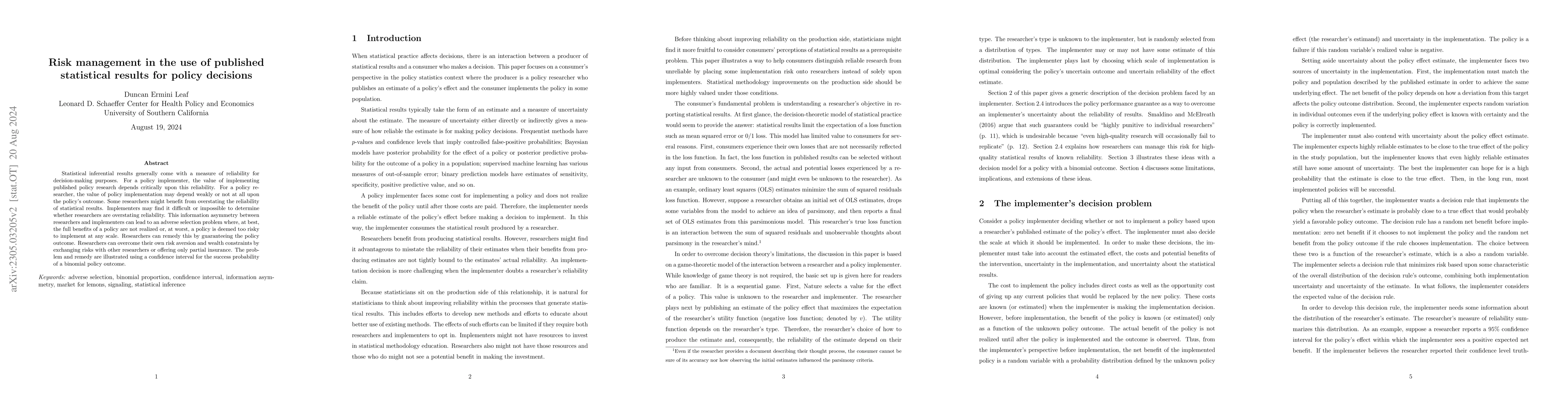 Thumbnail for Risk management in the use of published statistical results for policy
  decisions