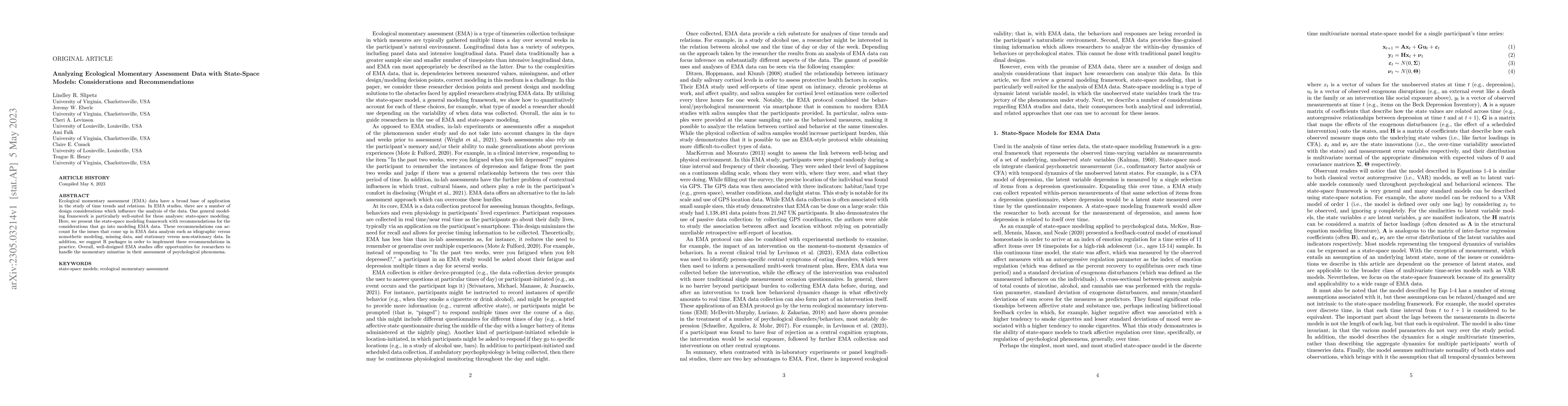 Thumbnail for Analyzing Ecological Momentary Assessment Data with State-Space Models:
  Considerations and Recommendations