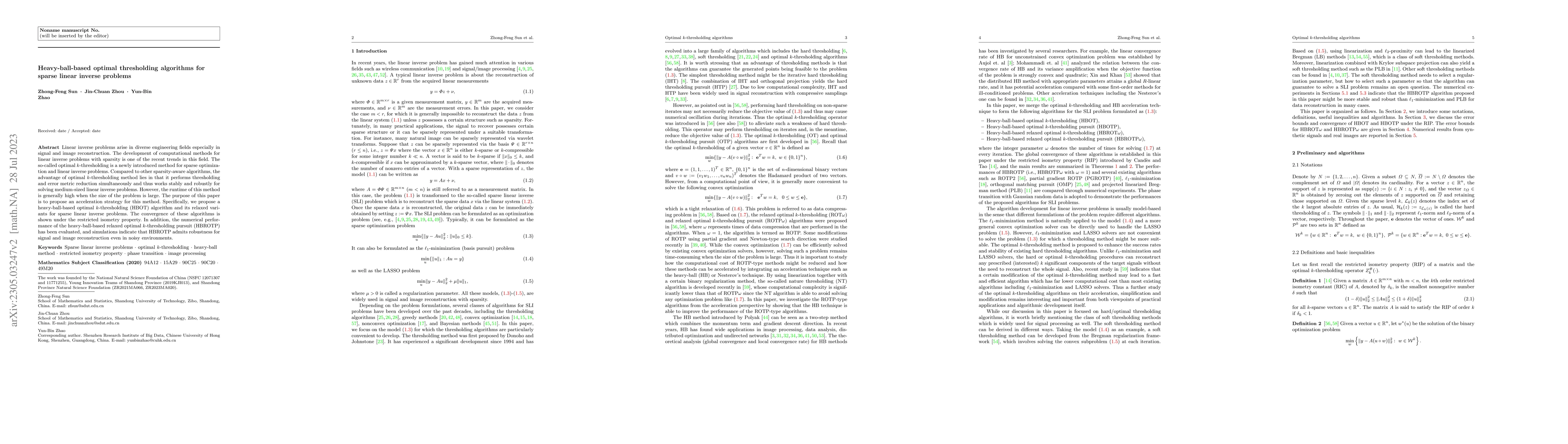 Thumbnail for Heavy-ball-based optimal thresholding algorithms for sparse linear
  inverse problems
