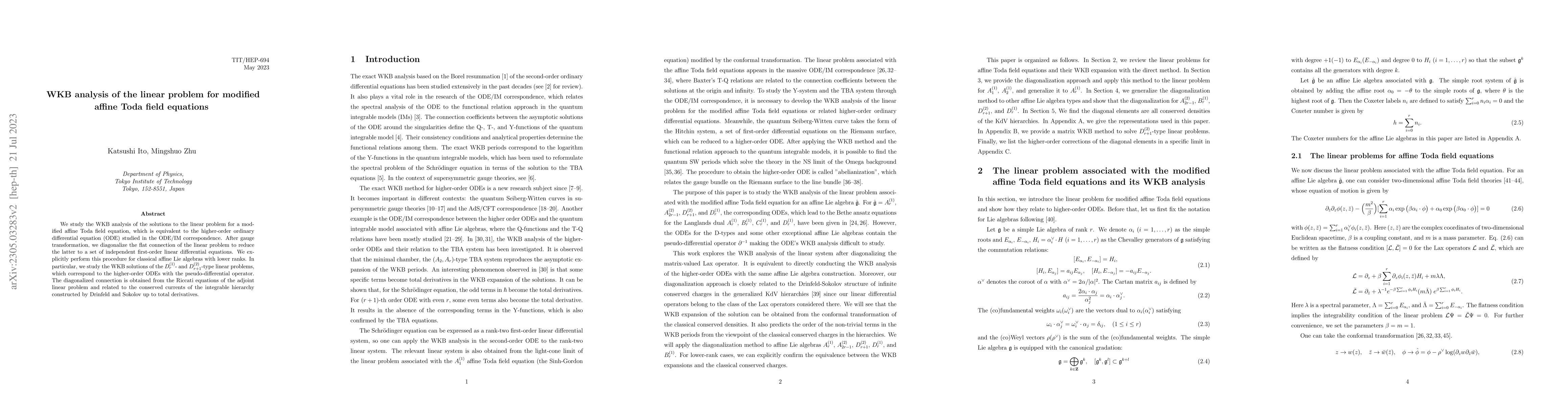 Thumbnail for WKB analysis of the linear problem for modified affine Toda field
  equations