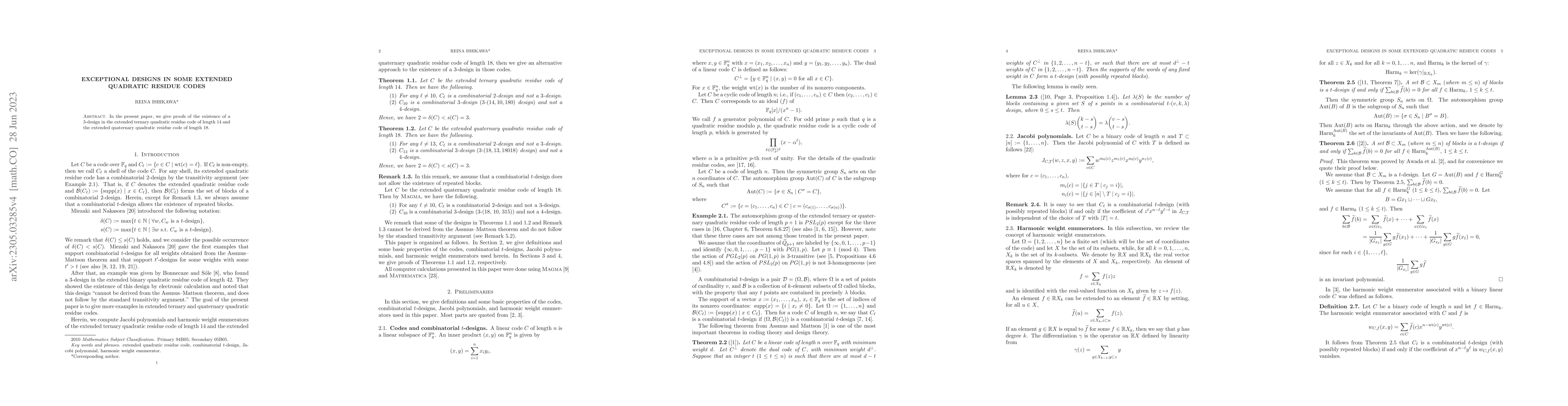 Thumbnail for Exceptional designs in some extended quadratic residue codes