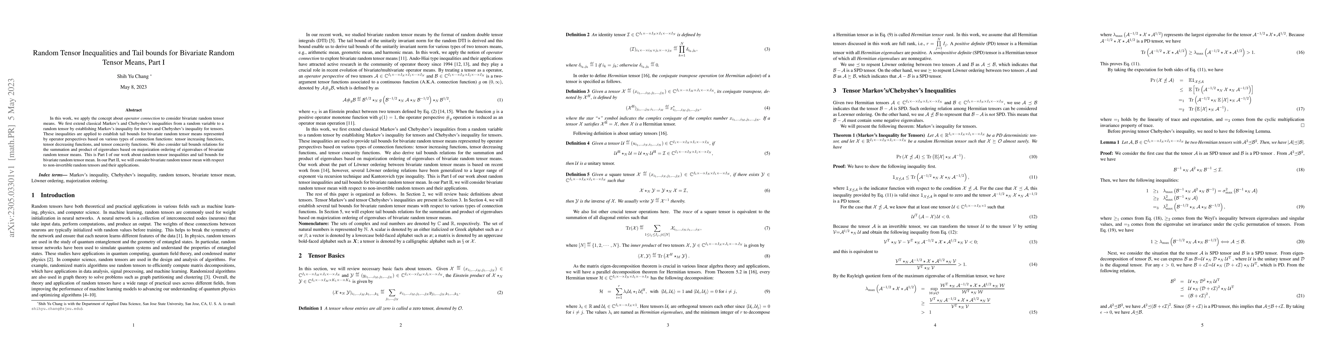 Thumbnail for Random Tensor Inequalities and Tail bounds for Bivariate Random Tensor
  Means, Part I
