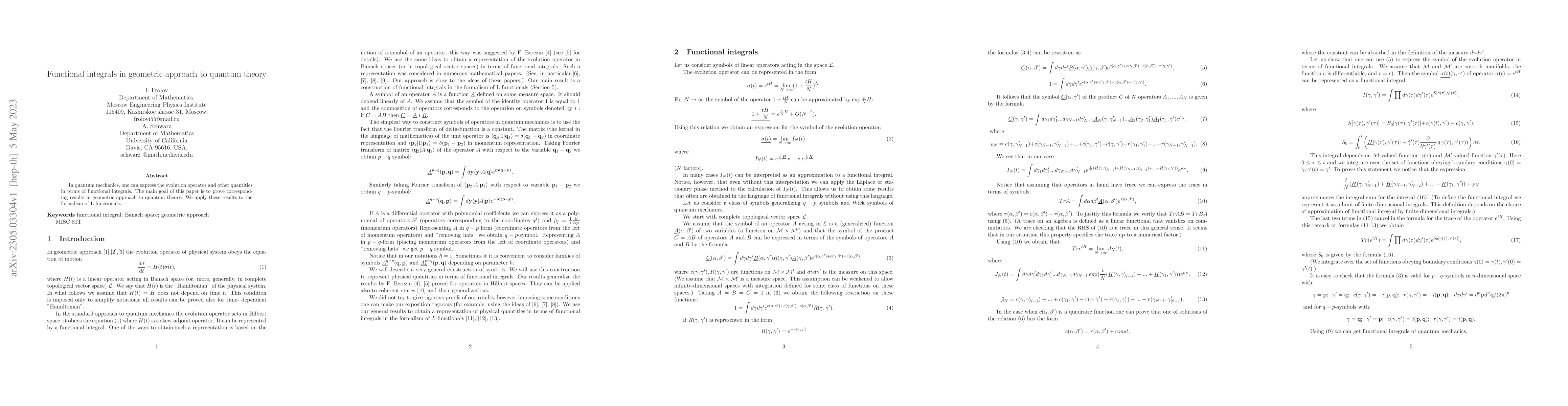 Thumbnail for Functional integrals in geometric approach to quantum theory