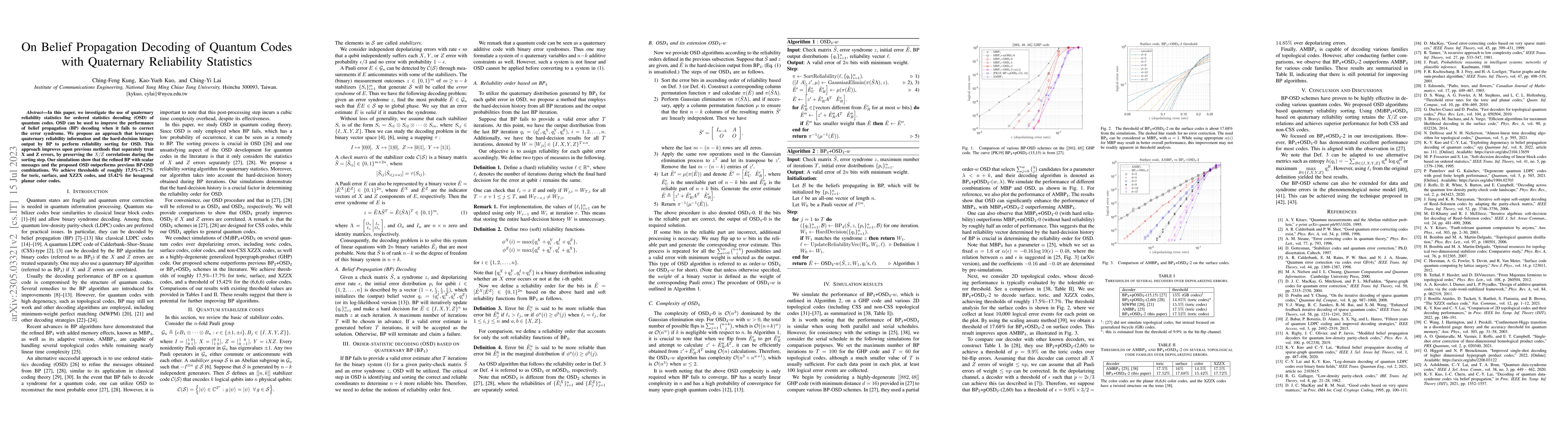 Thumbnail for On Belief Propagation Decoding of Quantum Codes with Quaternary
  Reliability Statistics