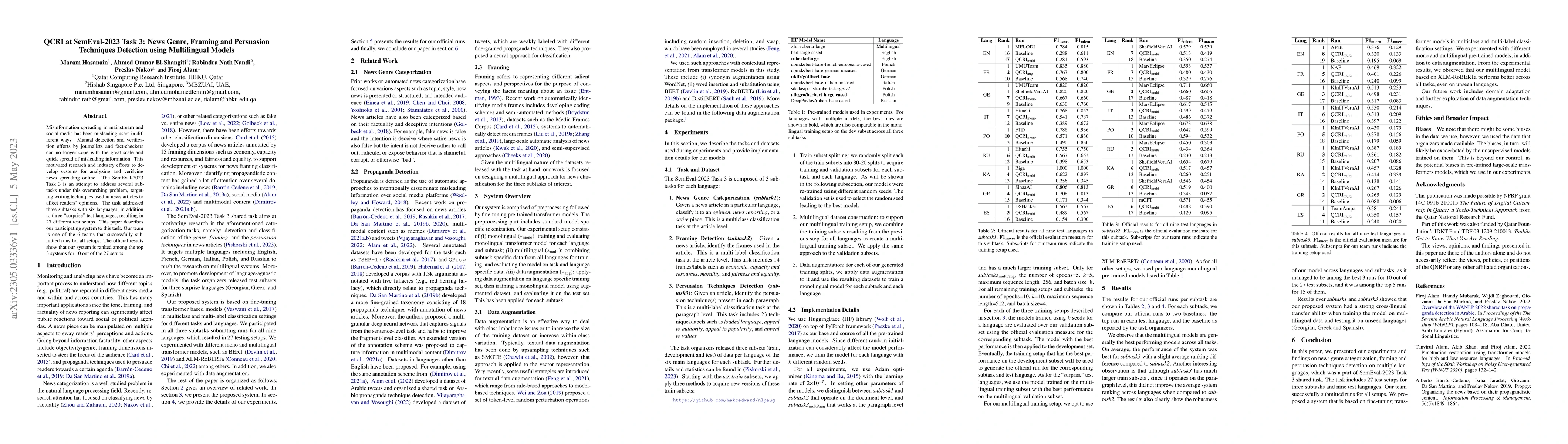 Thumbnail for QCRI at SemEval-2023 Task 3: News Genre, Framing and Persuasion
  Techniques Detection using Multilingual Models