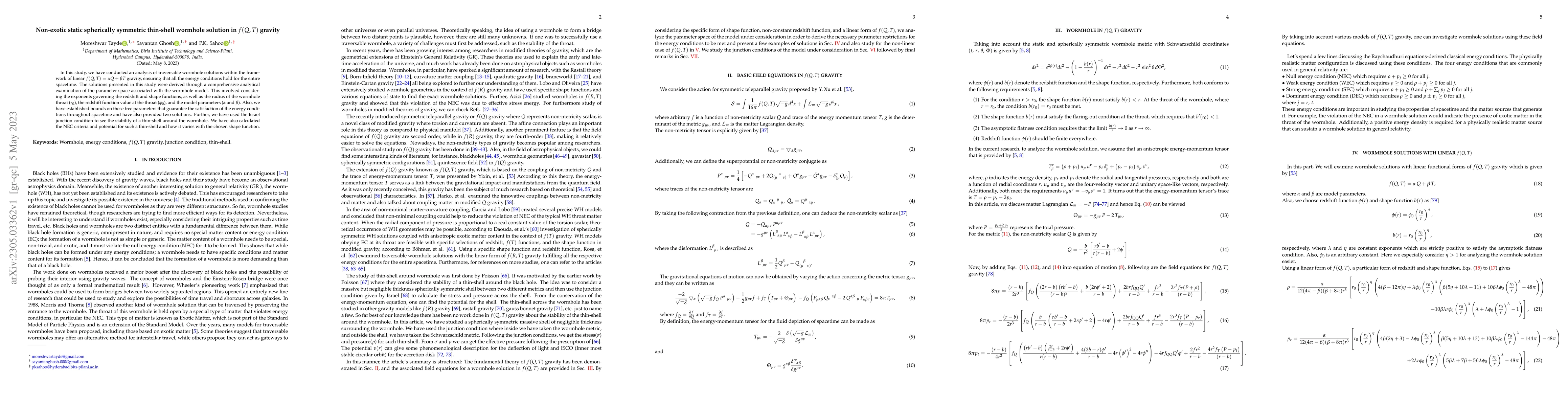 Thumbnail for Non-exotic static spherically symmetric thin-shell wormhole solution in
  $f(Q,T)$ gravity